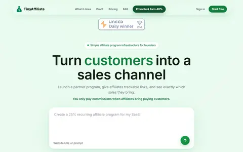 TinyAffiliate homepage (screenshot)