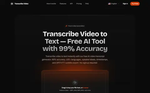 Transcribe Video to Text homepage (screenshot)