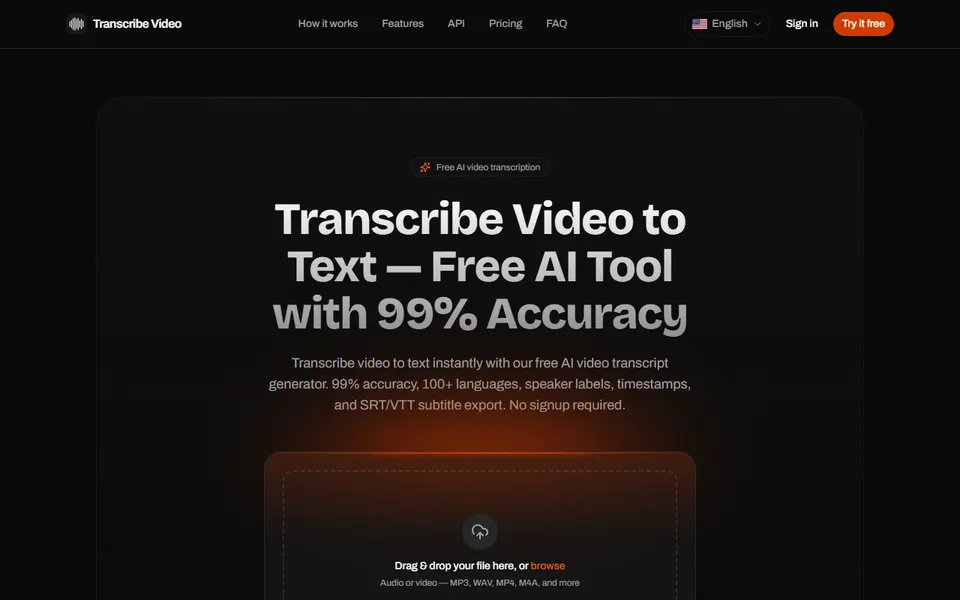 Transcribe Video to Text homepage (screenshot)