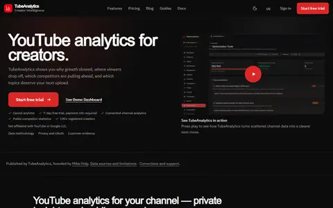TubeAnalytics homepage (screenshot)
