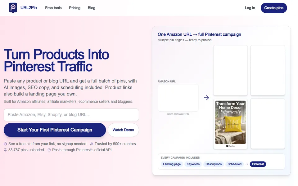 URL2Pin homepage (screenshot)