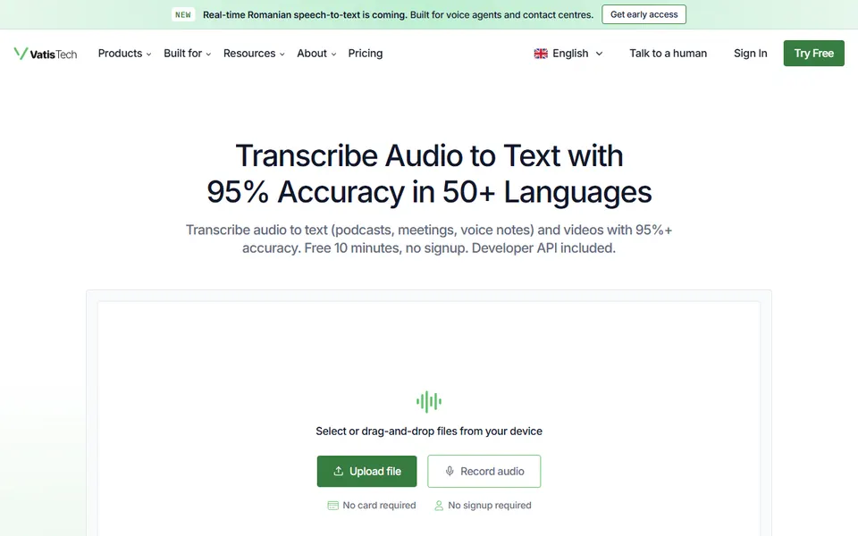 Vatis Tech homepage (screenshot)