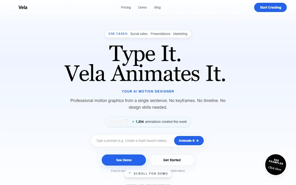 Vela Motion Graphics homepage (screenshot)