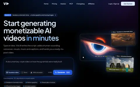 Vid.AI homepage (screenshot)