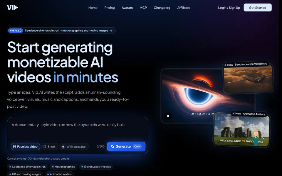 Vid.AI homepage (screenshot)