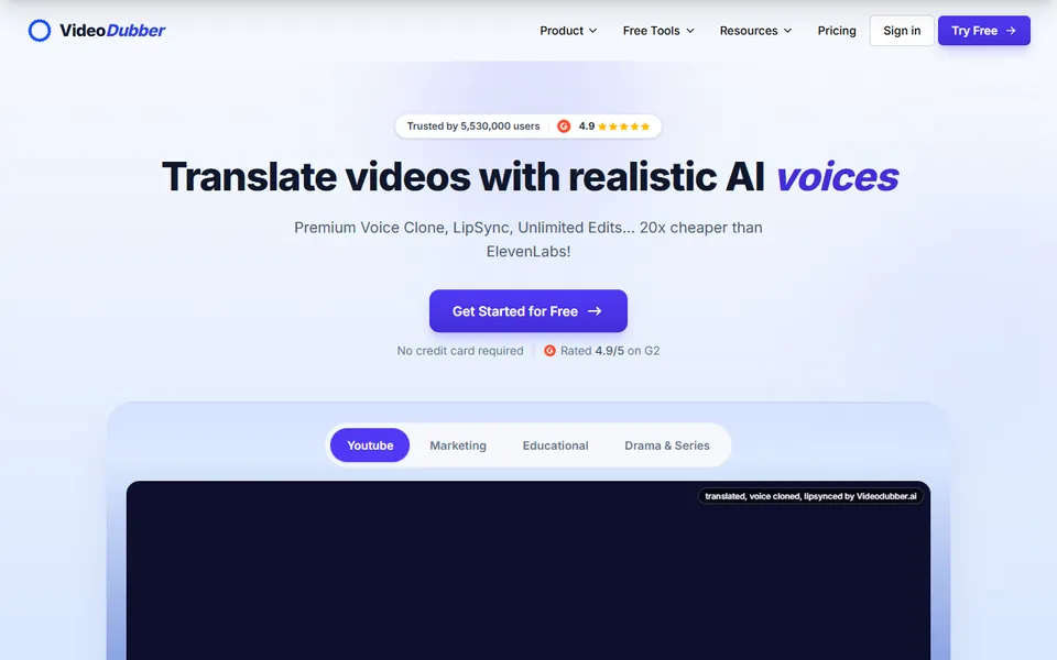 VideoDubber homepage (screenshot)
