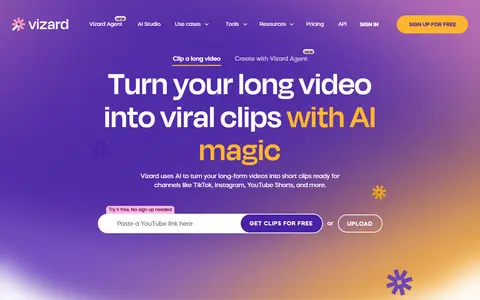 Vizard homepage (screenshot)