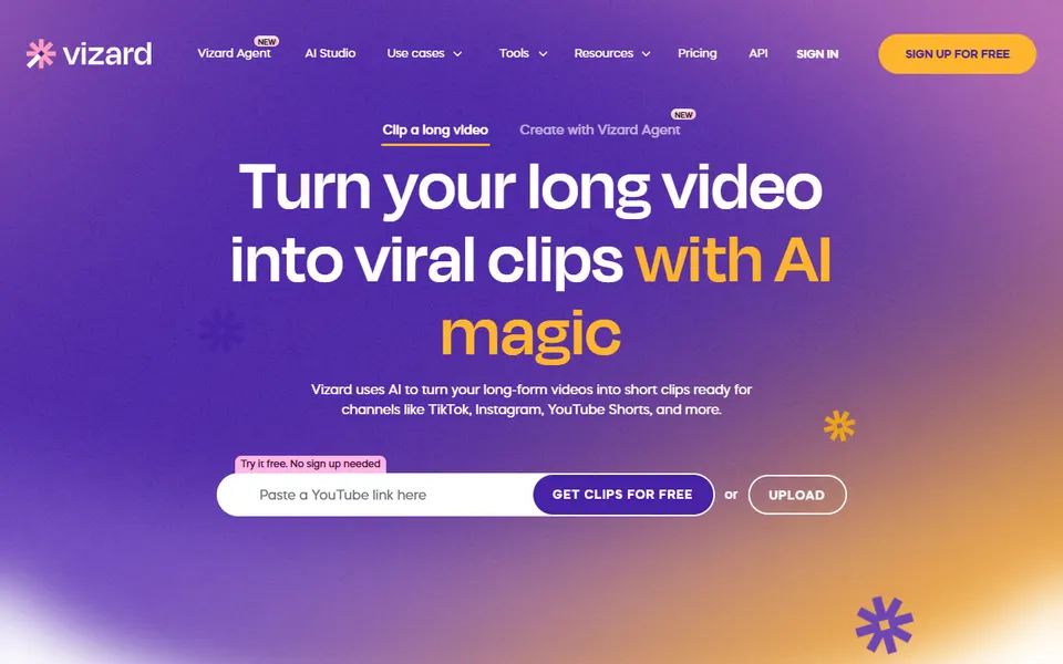 Vizard homepage (screenshot)