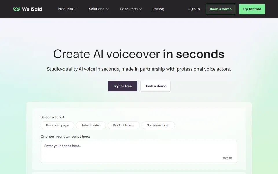 WellSaid Labs homepage (screenshot)