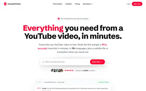 YoutubeToText homepage (screenshot)