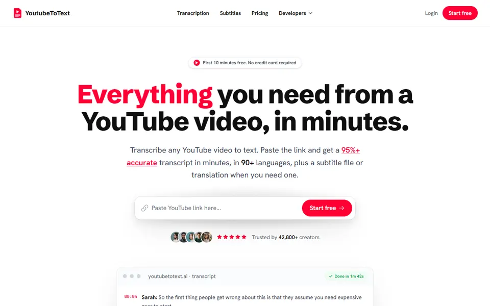 YoutubeToText homepage (screenshot)